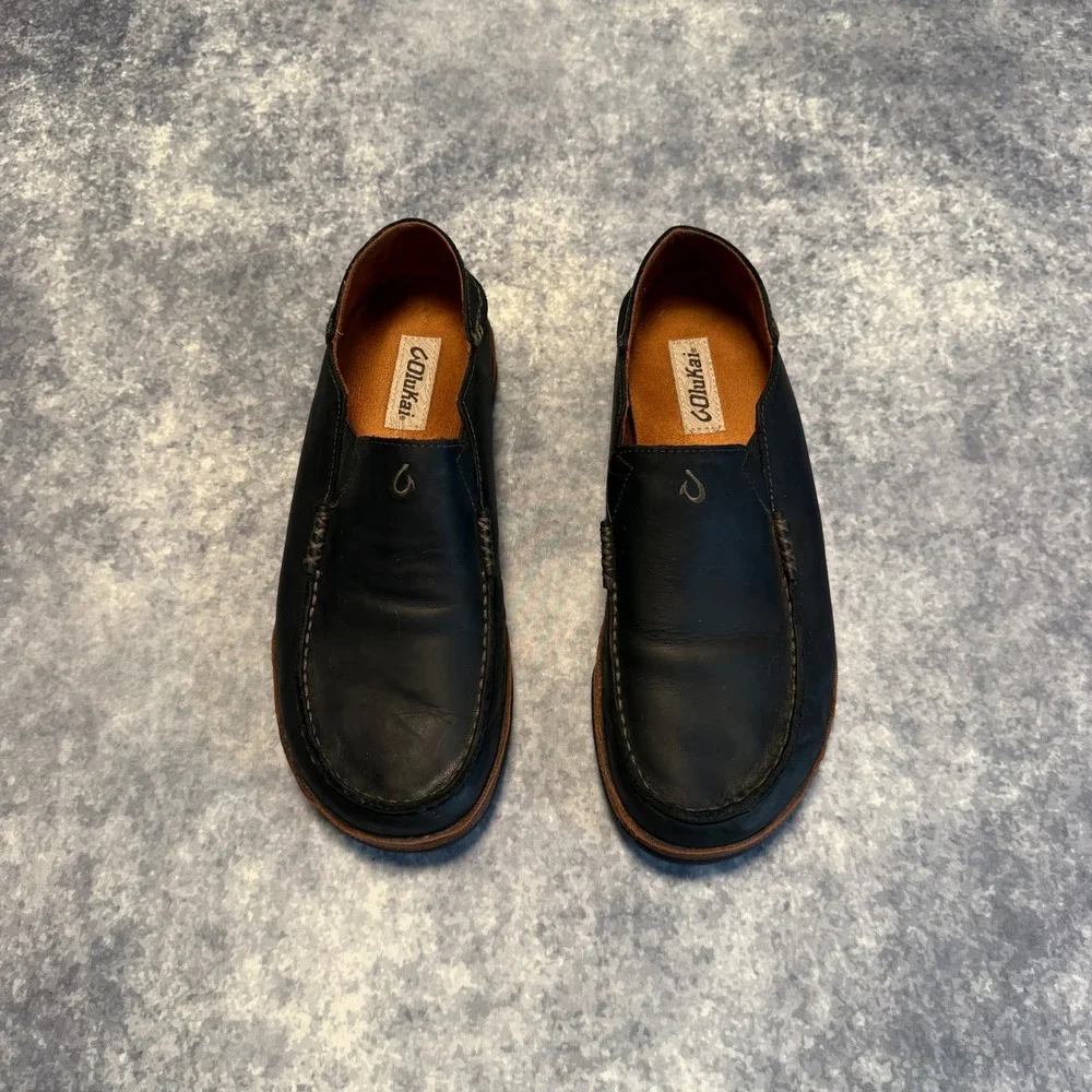 OluKai Moloa Mens 9.5 Black Leather Slip On Loafers Drop In Heel Shoes 10128